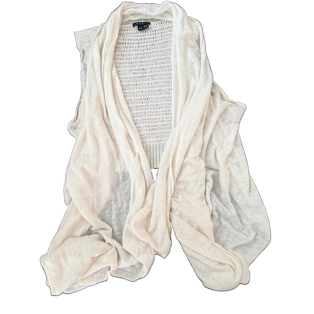 Theory Ivory Linen Open Draped Knit Cardigan Vest Crochet Womens M
